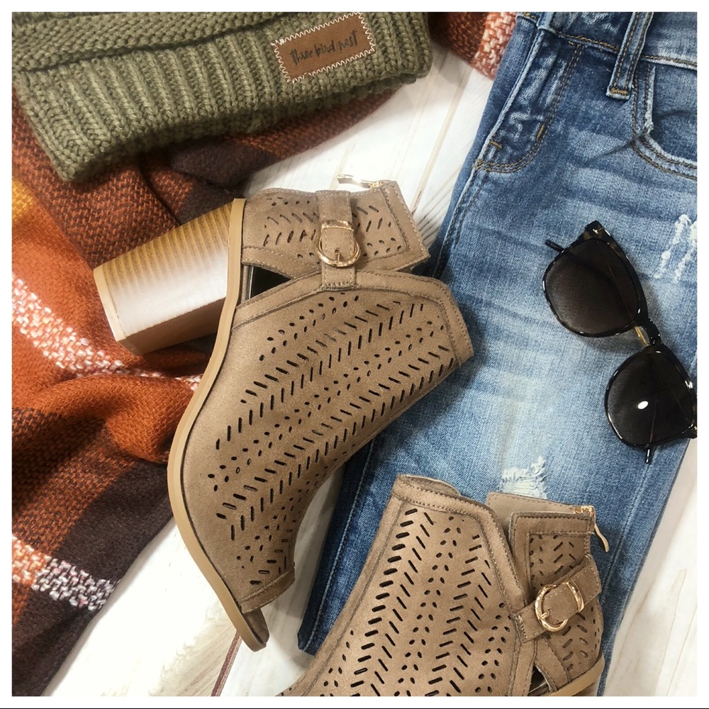 Dark Taupe Open Toe Laser Cut Bootie - Picture 3 of 5